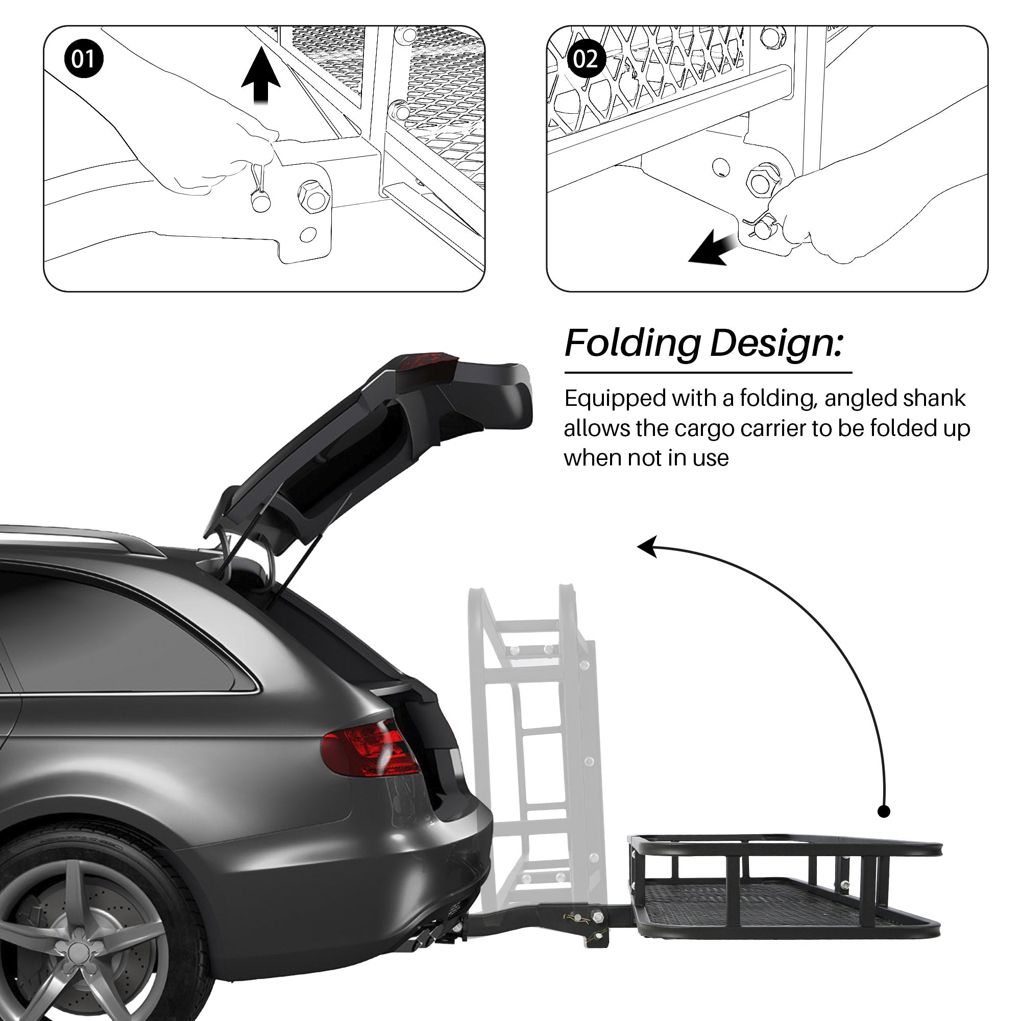 ARKSEN 60" x 24" x 6" Hitch Mount Folding Angled Shank Cargo Carrier With Cargo Net Fit 2" Receiver 500LBS Capacity