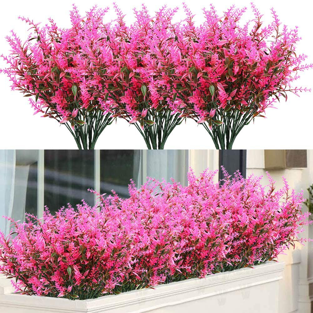 Sinhoon 24 Bundles Outdoor Artificial Lavender Fake Flowers UV Resistant Shrubs, Faux Plastic Greenery for Indoor Outside Hanging Plants Garden Porch Window Box Home Wedding Farmhouse Decor (Rosered)