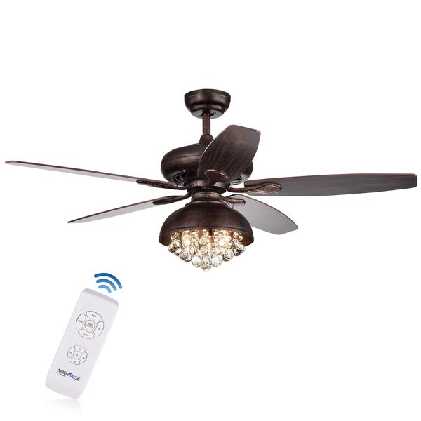 Fredix 5-Blade 52-Inch Speckled  Bronze Ceiling Fan with Hooded Crystal Chandelier (Remote Controlled and 2 Color Option Blades) Shopping - The Best Deals on Ceiling Fans | 27775531