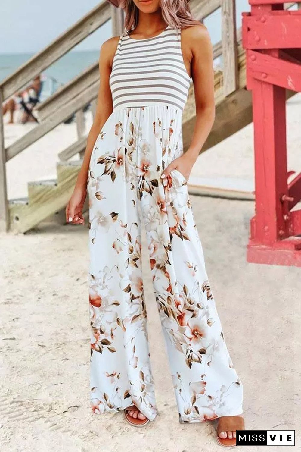 White Striped Floral Pocket Sleeveless Jumpsuit