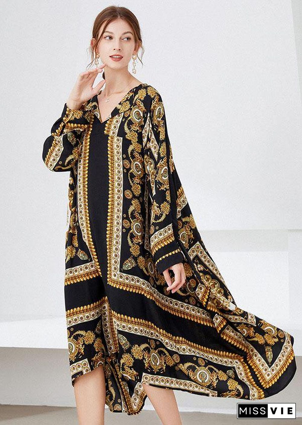 Women Black Yellow Print Loose Asymmetrical Design Fall Holiday Dress Long Sleeve