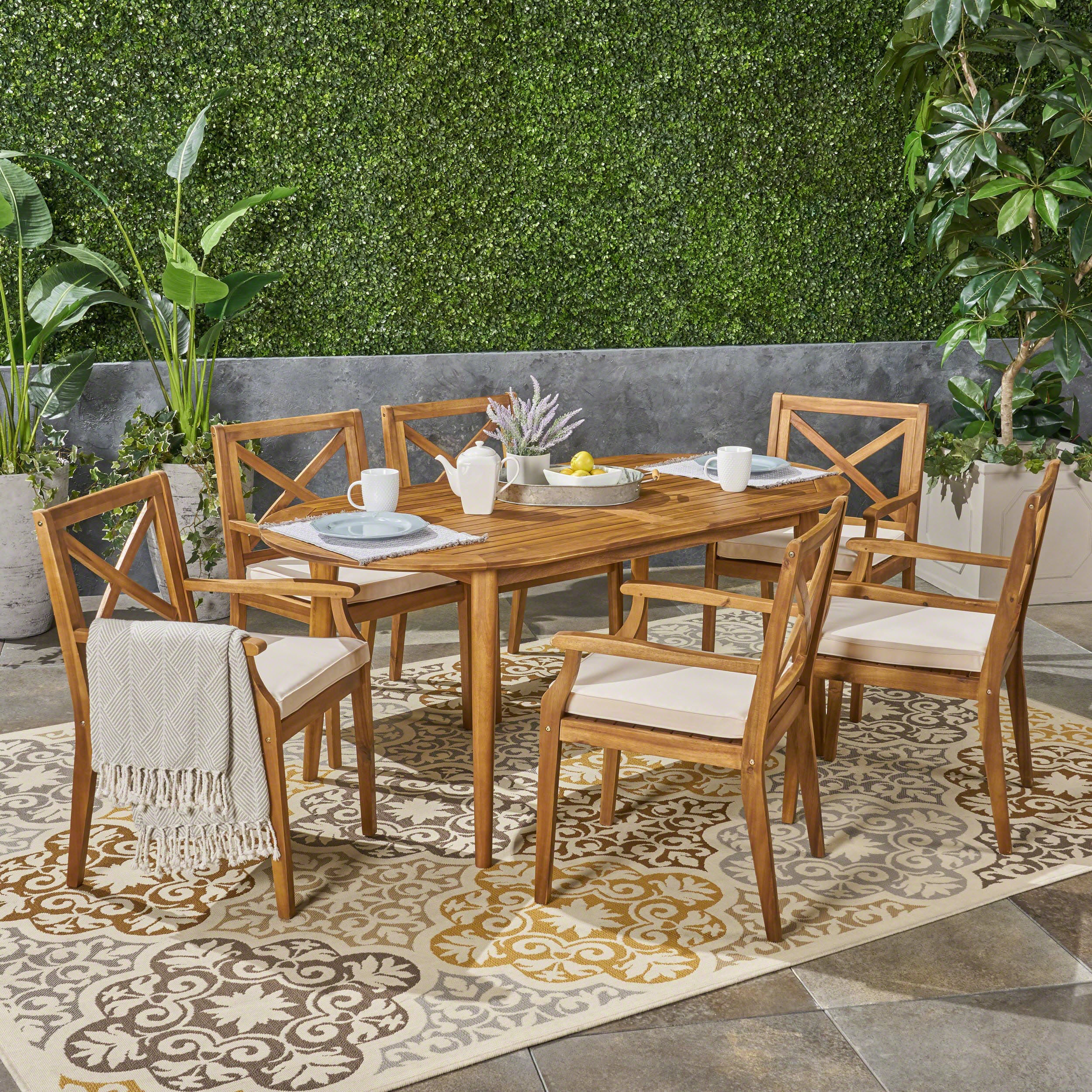 Byrd Outdoor 7 Piece Acacia Wood Dining Set