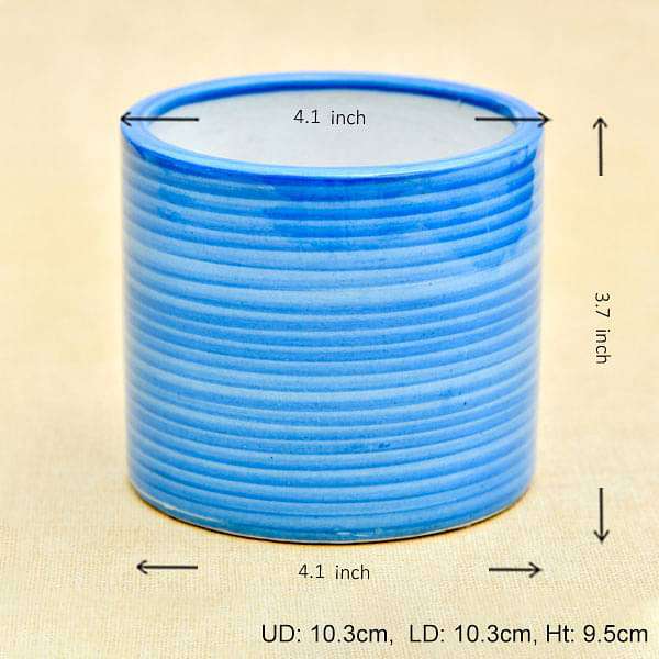 4.1 inch (10 cm) Ring Design Cylindrical Ceramic Pot (Blue) (set of 2)