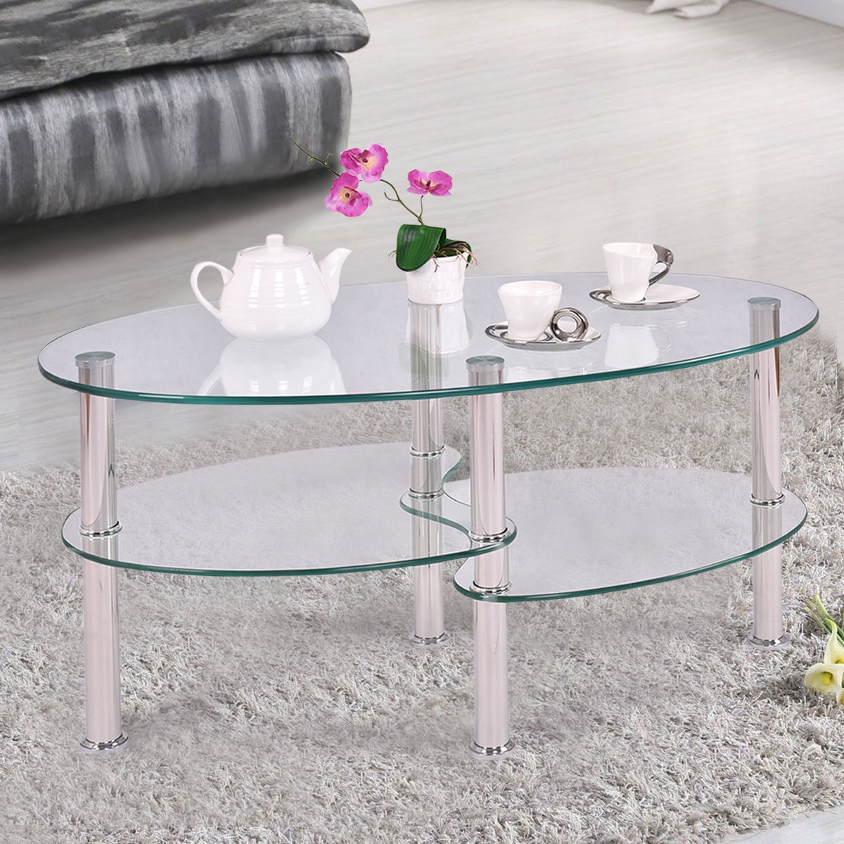 Dual Fishtail Style Tempered Glass Coffee Table Transparent