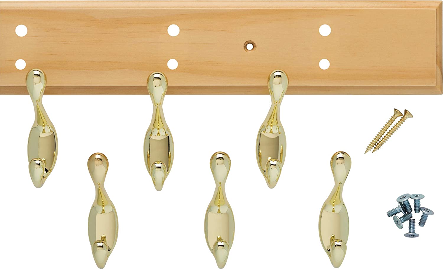 Franklin Brass 27 In. Hook Rail W/6 Heavy Duty Coat And Hat Hooks， Lacquered Pine and Brass Plated