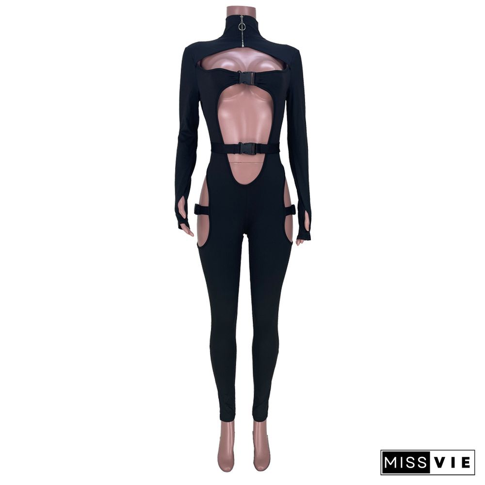 Hollow Out Long Sleeve Buckle Solid Jumpsuit