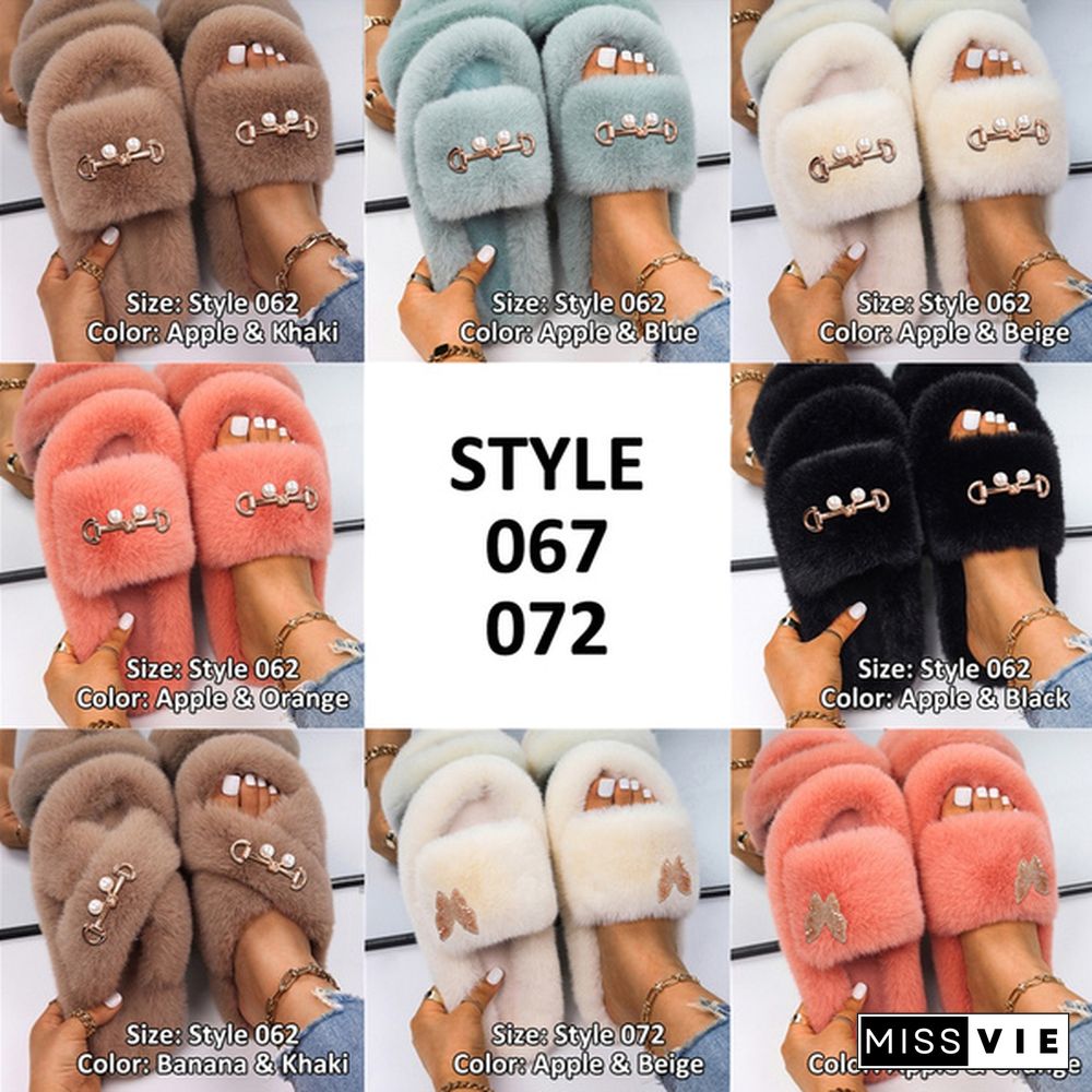 Fluffy Warm Women Home Slippers Fur Rhinestone Crystal Platform Shoes Indoor Flip Flops Female Soft Casual Slides Cotton Fur Slippers