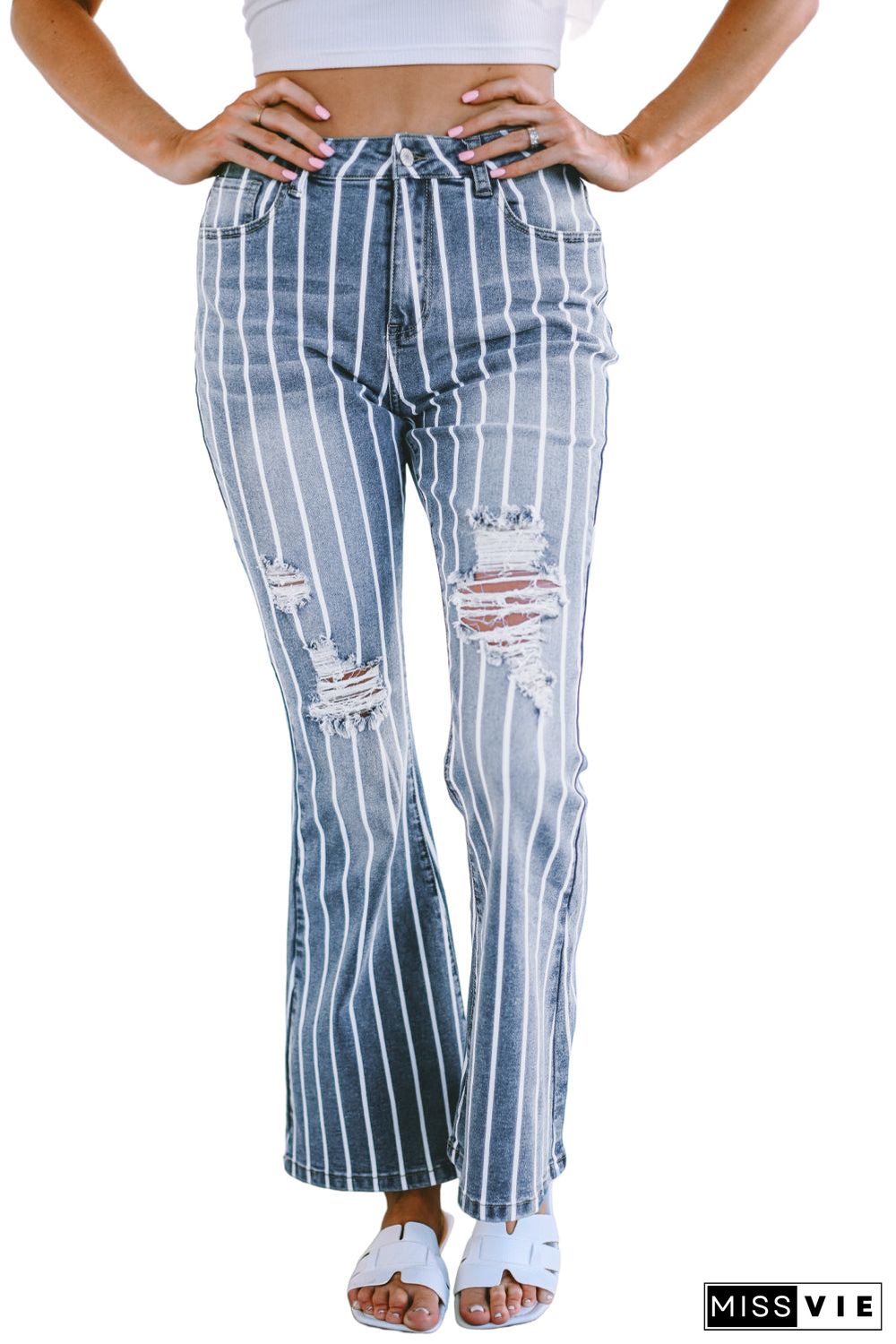 Sky Blue Vertical Striped Ripped Flare Jeans