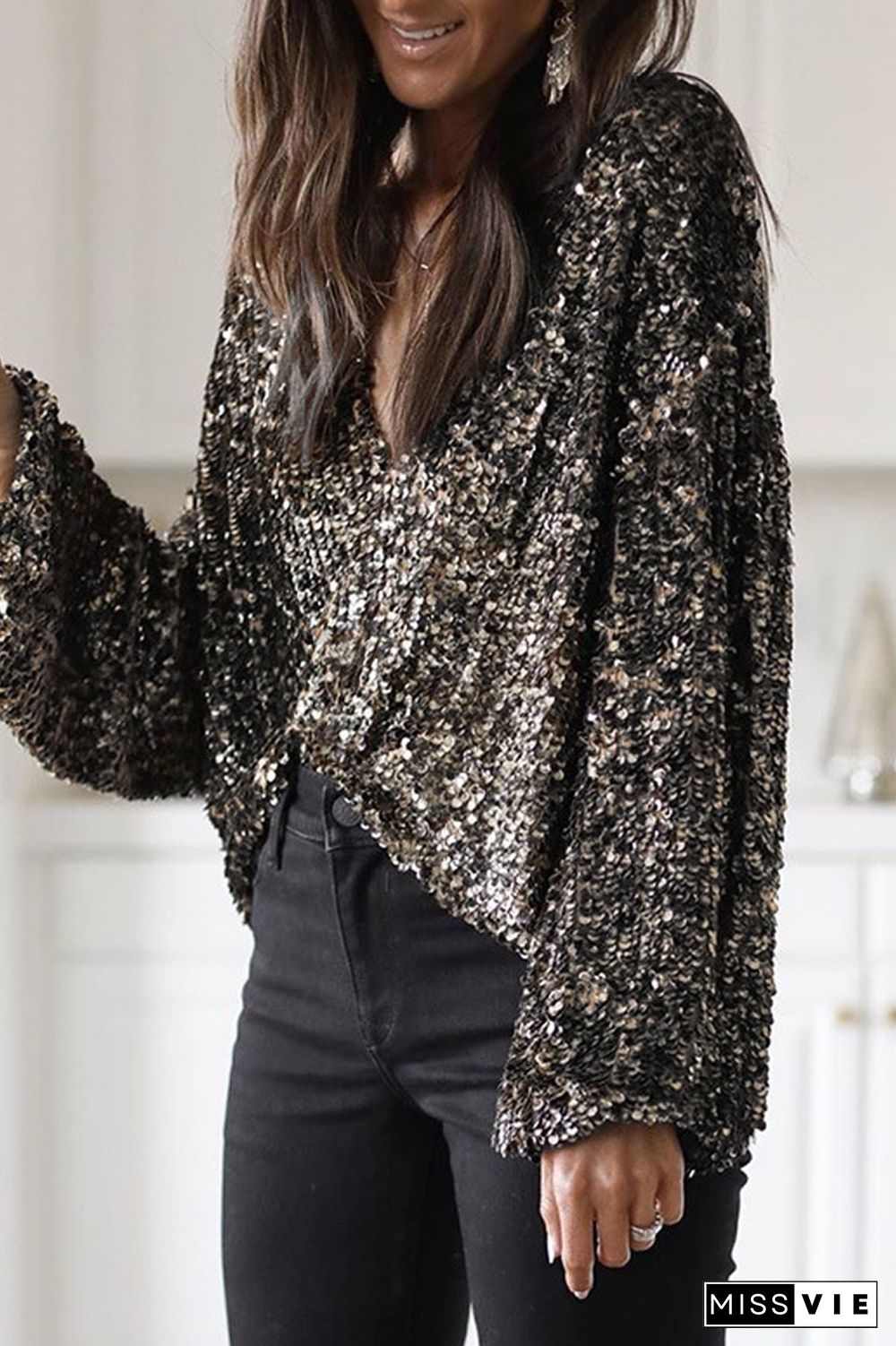 Sequin Stitching Wrap Blouse