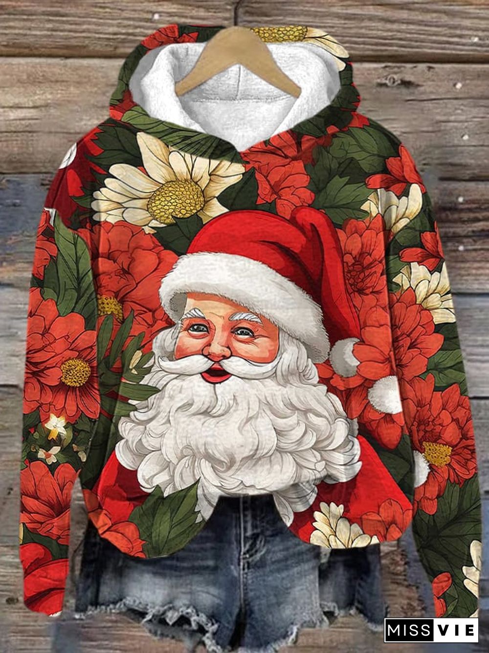 Women's Red Floral Santa Print Hoodie