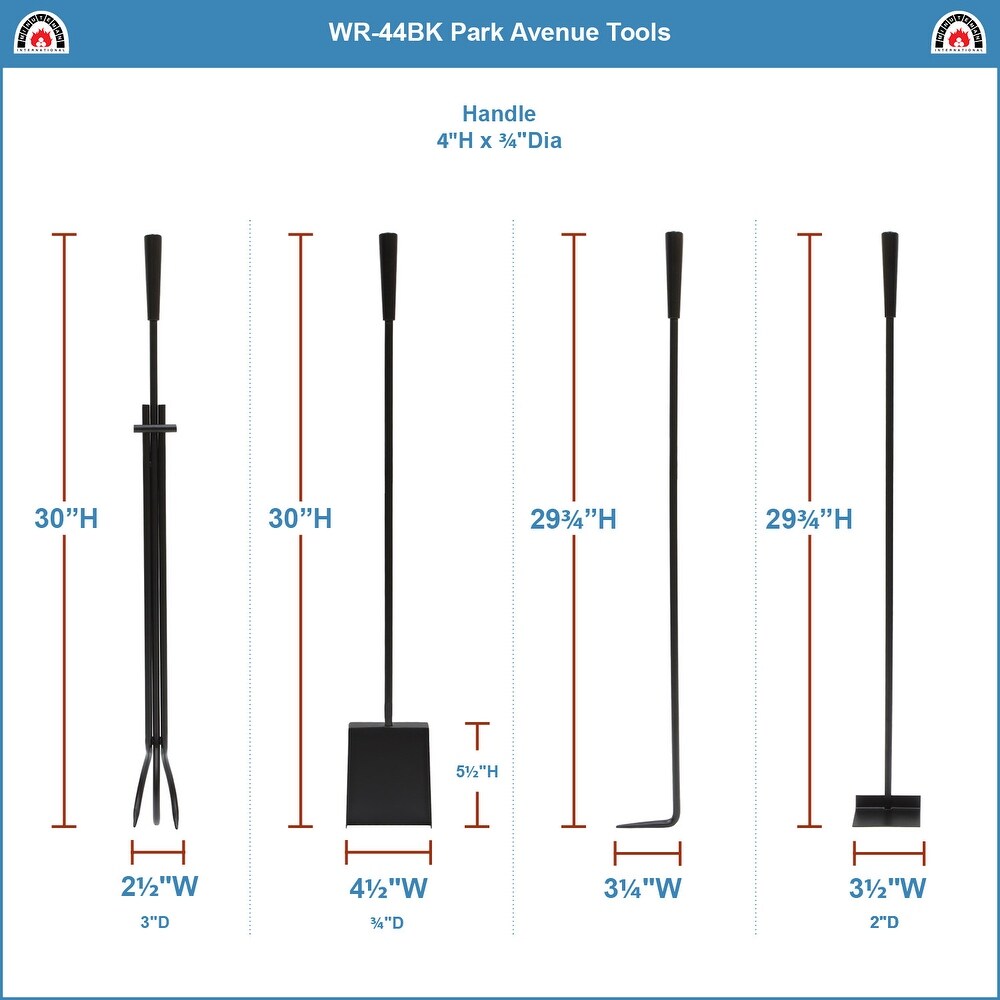 Minuteman International Modern Park Avenue Fireplace Set of 4 Tools  32.5 Inch Tall  Black Finish