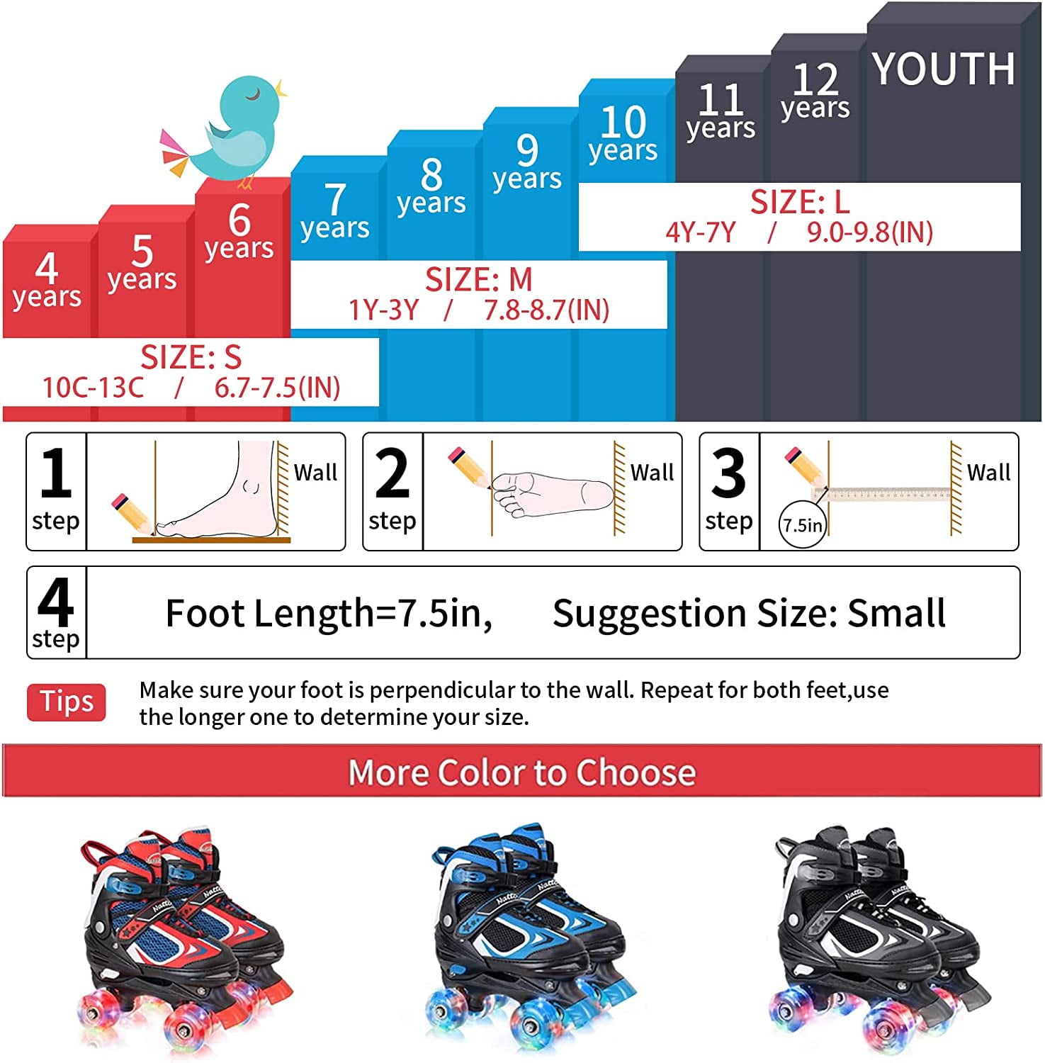 Nattork Kids Roller Skates for Boys Girls Childs 4 Sizes Adjustable Quad Skates with All Light up Wheels Blue Medium(1Y-3Y)