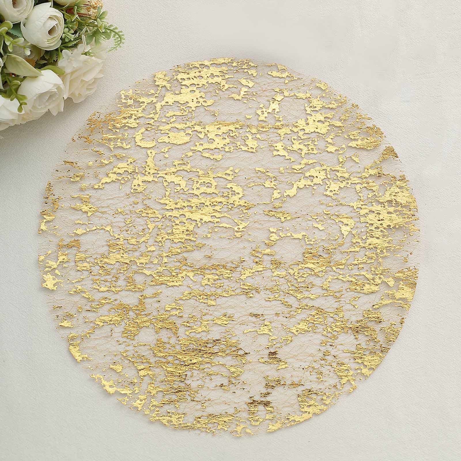 10 Pack Metallic Gold Foil Mesh Table Placemats, Disposable Round Shiny Dining Mats 13