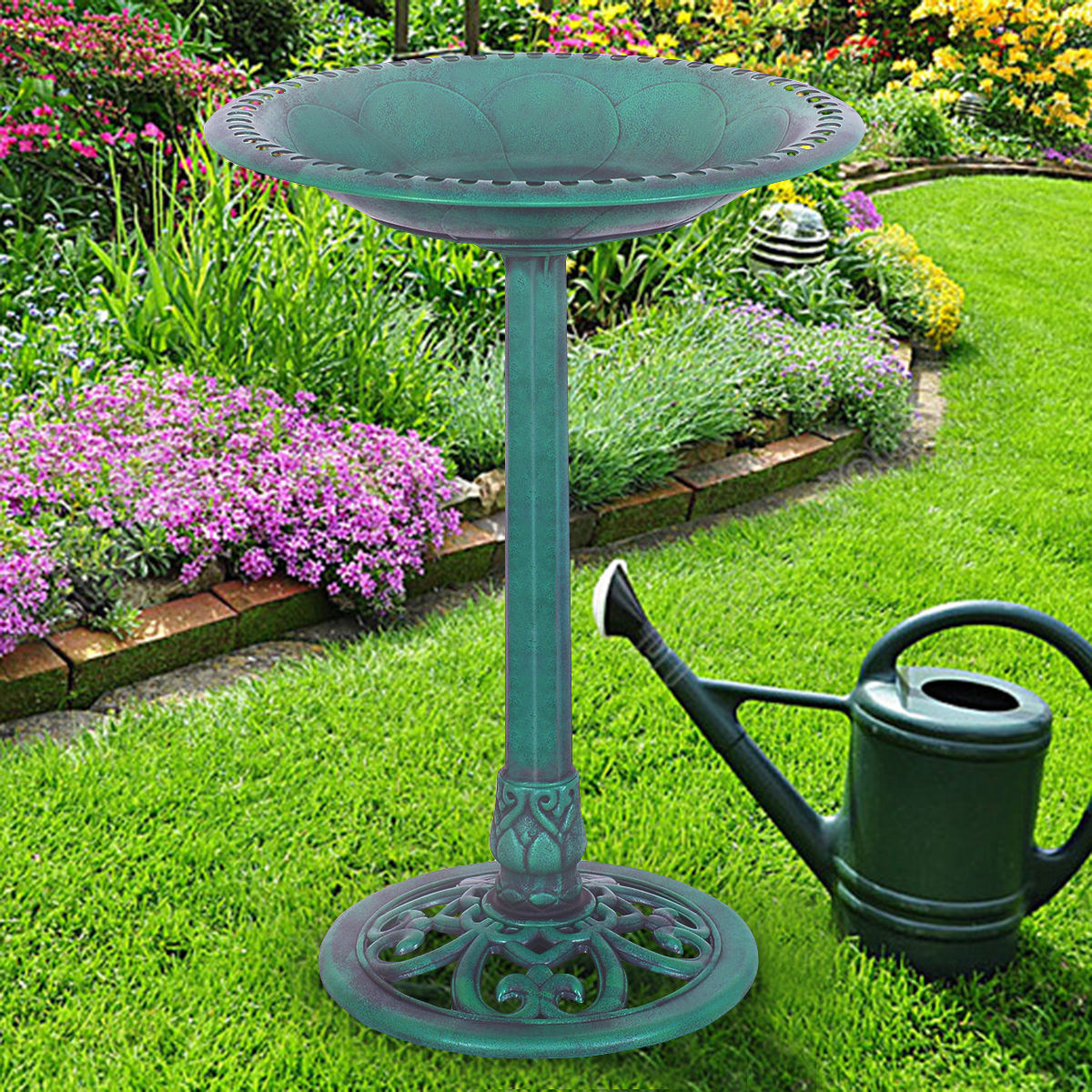 Green Pedestal Bird Bath Feeder Freestanding Outdoor Garden Yard Patio Decor