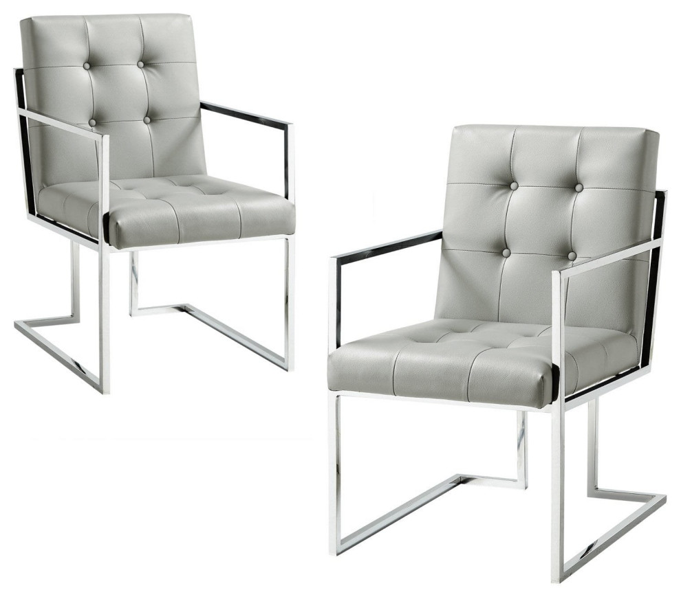 2 Pack Elegant Dining Chair  Chrome Frame  ampButton Tufted PU Leather Seat  Gray   Contemporary   Dining Chairs   by Decor Love  Houzz