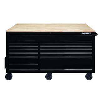 Husky 62 in. W x 36 in. D Standard Duty 12-Drawer Mobile Workbench Tool Chest with Full Length Extension Table in All Black HOTC6212B11M