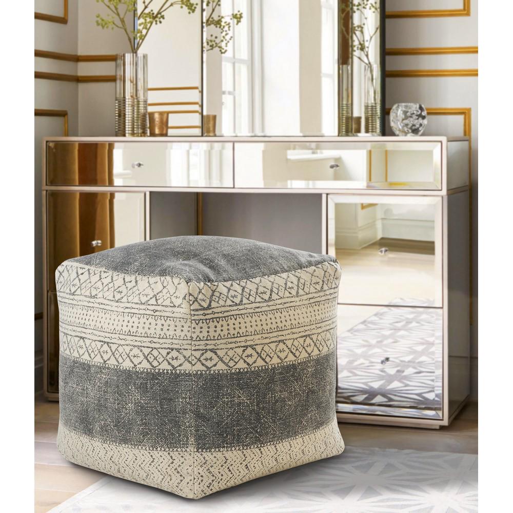 Lr Home Geometric Handmade Polyester Pouf， Beige