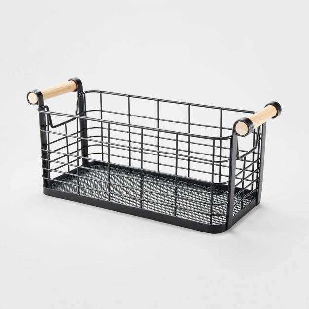 Rectangular Wire Natural Wood Handles Basket