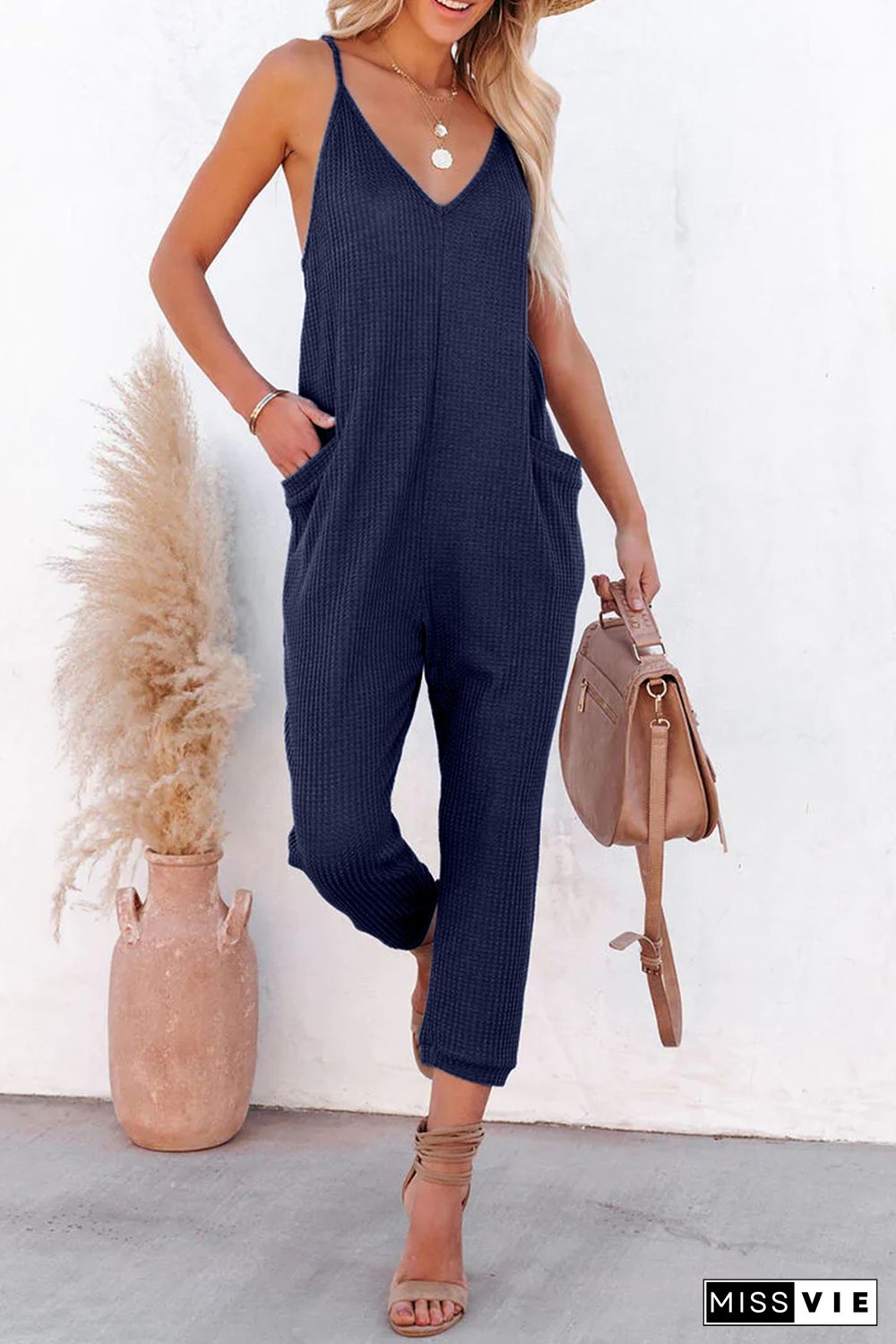 Blue Textured Sleeveless V-Neck Pocketed Casual Jumpsuit