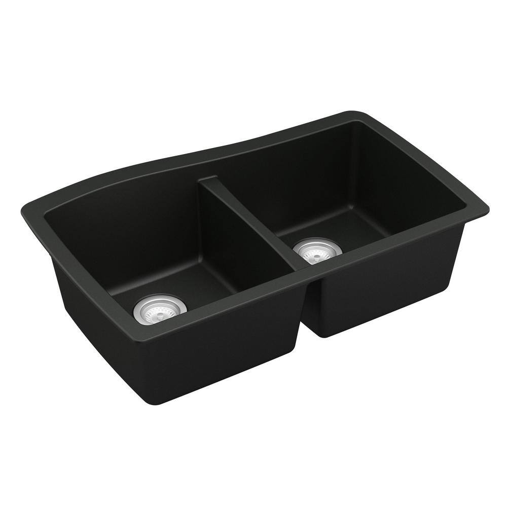 Karran Undermount Quartz Composite 33 in. 5050 Double Bowl Kitchen Sink in Black QU-720-BL