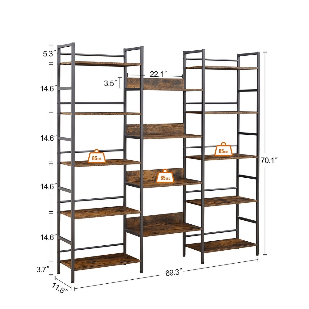 Triple Wide 5 shelf Bookshelves Industrial Retro Wooden Style Home and Office Large Open Bookshelves