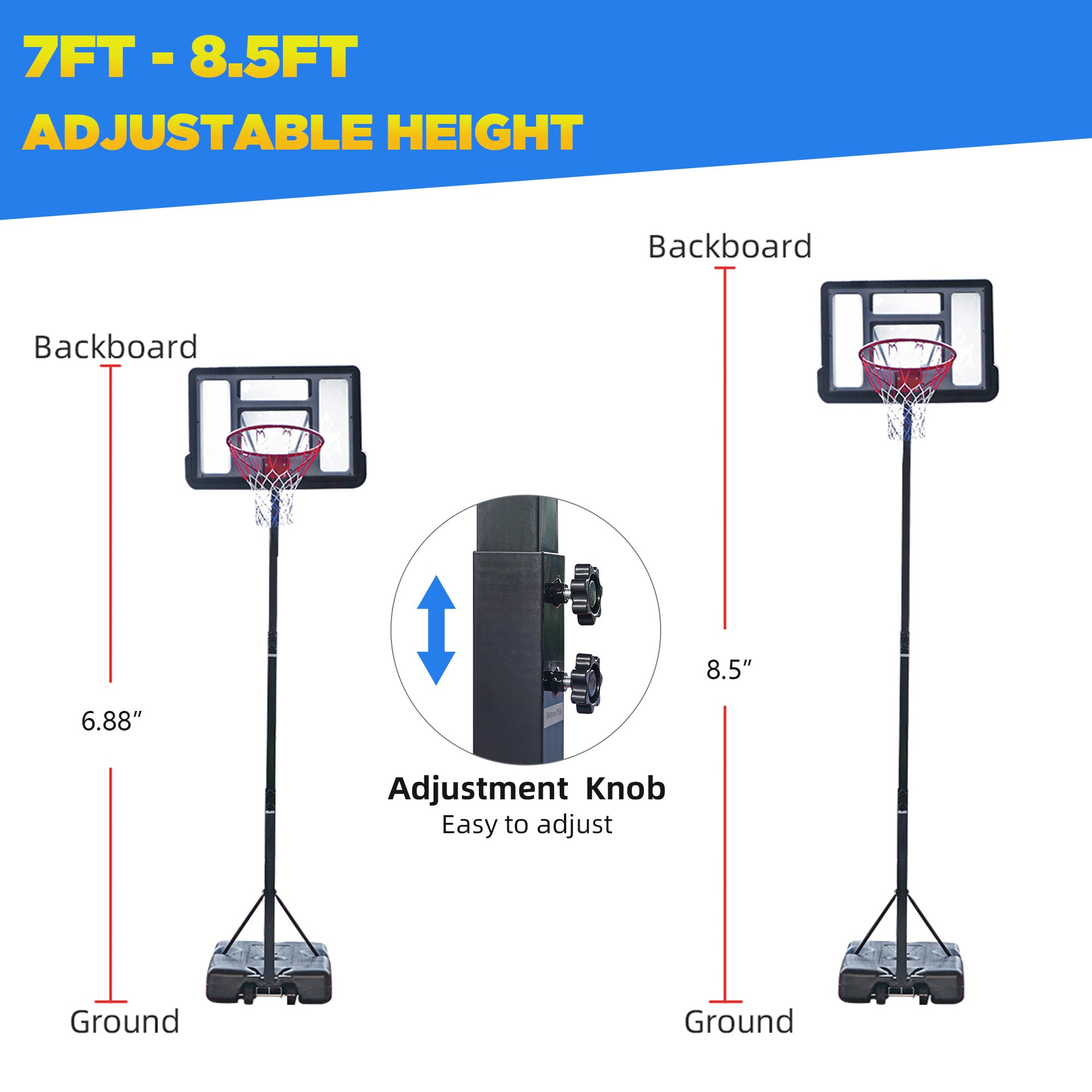 Outdoor Basketball Hoop Stand， Sesslife 7ft-8.5ft Height Adjustable Portable Basketball System w/Wheels and 34 Inch Shatterproof Backboard for Court Backyard， Black and Clear