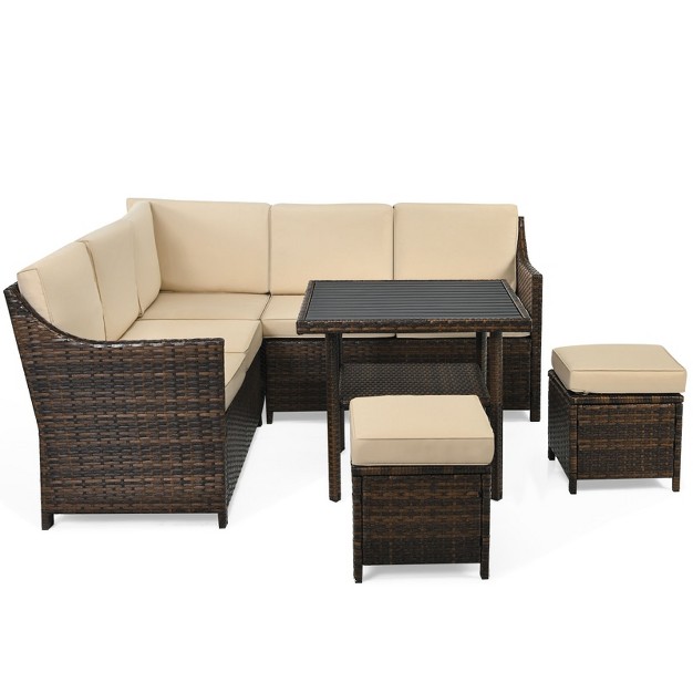 Tangkula 6pcs Patio Rattan Furniture Set All weather Sectional Cushioned Sofa Ottoman Dining Table Lower Shelf