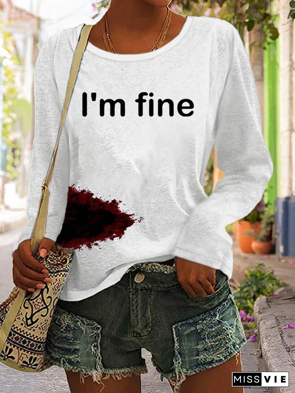 Women's Halloween Funny “I'M FINE” Bloodstained Long Sleeve T-Shirt