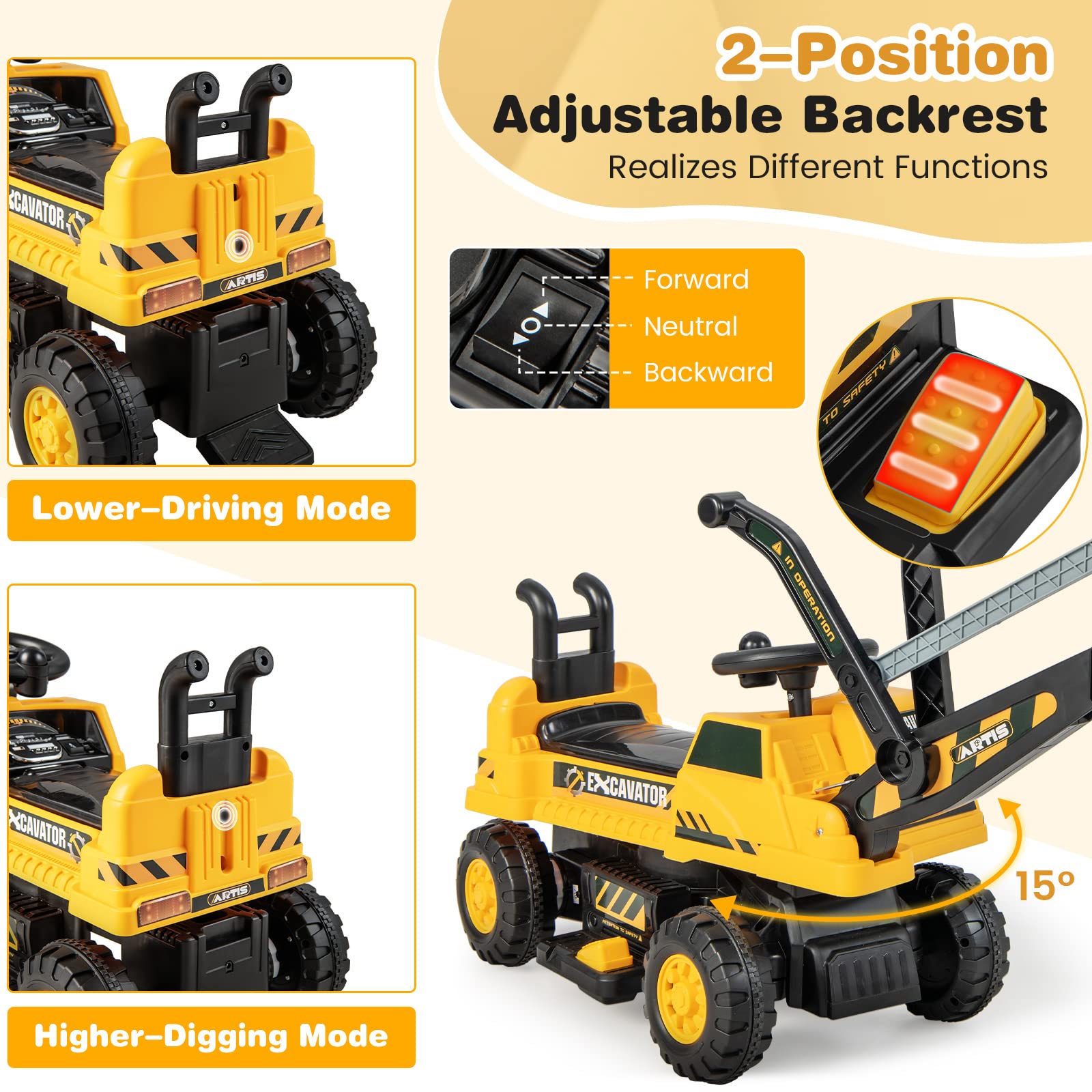 Costzon Ride on Excavator, 6V Battery Powered Digger with Under Seat Storage (Yellow)