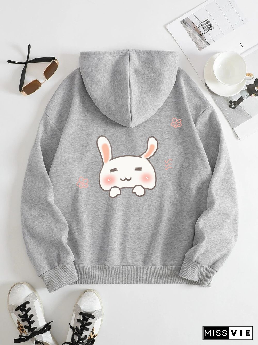 Printed on the Back Kangaroo Pocket Hoodie Long Sleeve for Women Pattern Cute Rabbit Head