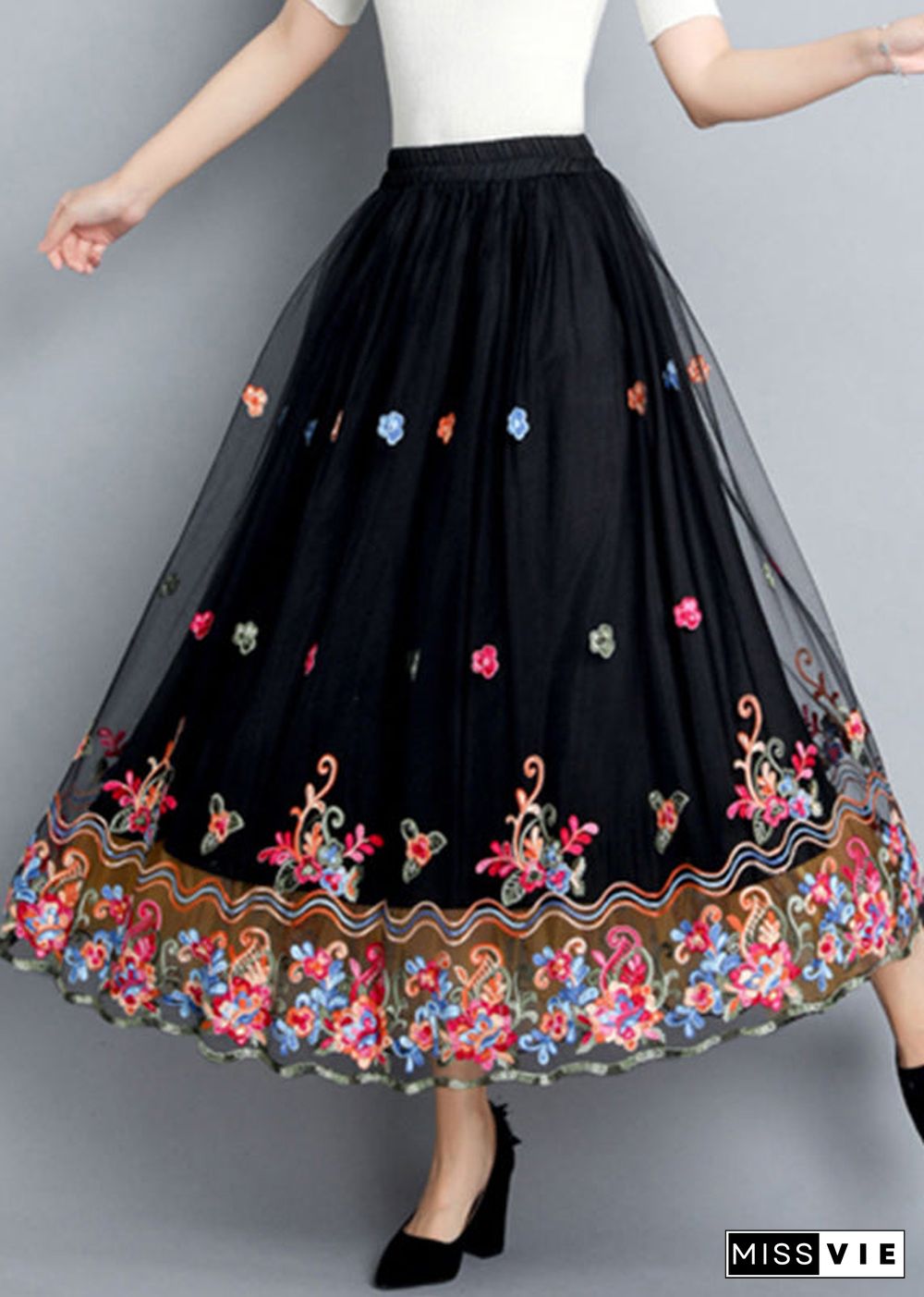 Vintage Black Embroideried Floral Tulle Maxi Skirts Summer