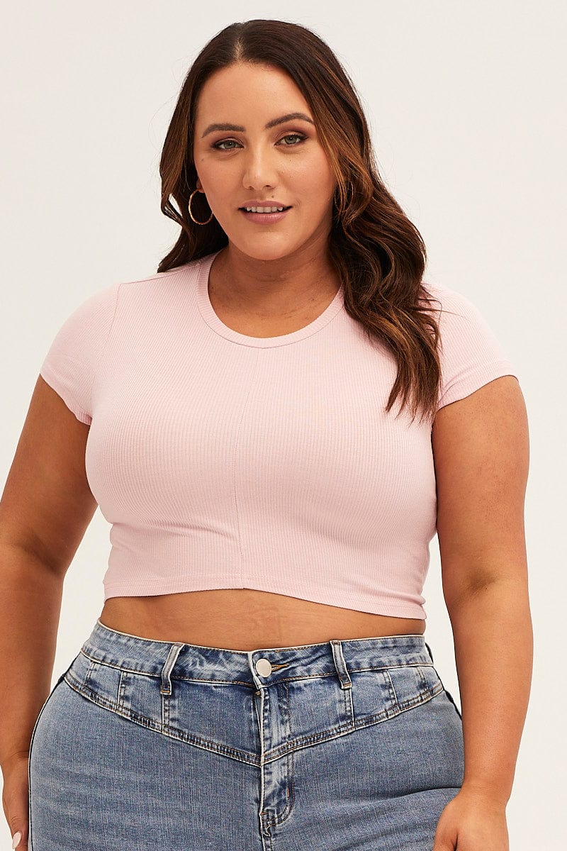 Pink Short Sleeve Pink Crop Rib Jersey Top