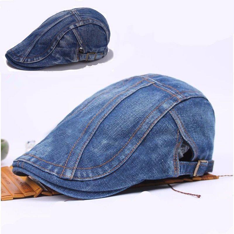 Men's Denim Solid Cotton Golf Cabbie Beret Newsboy Ivy Hat Cabbie Flat Cap