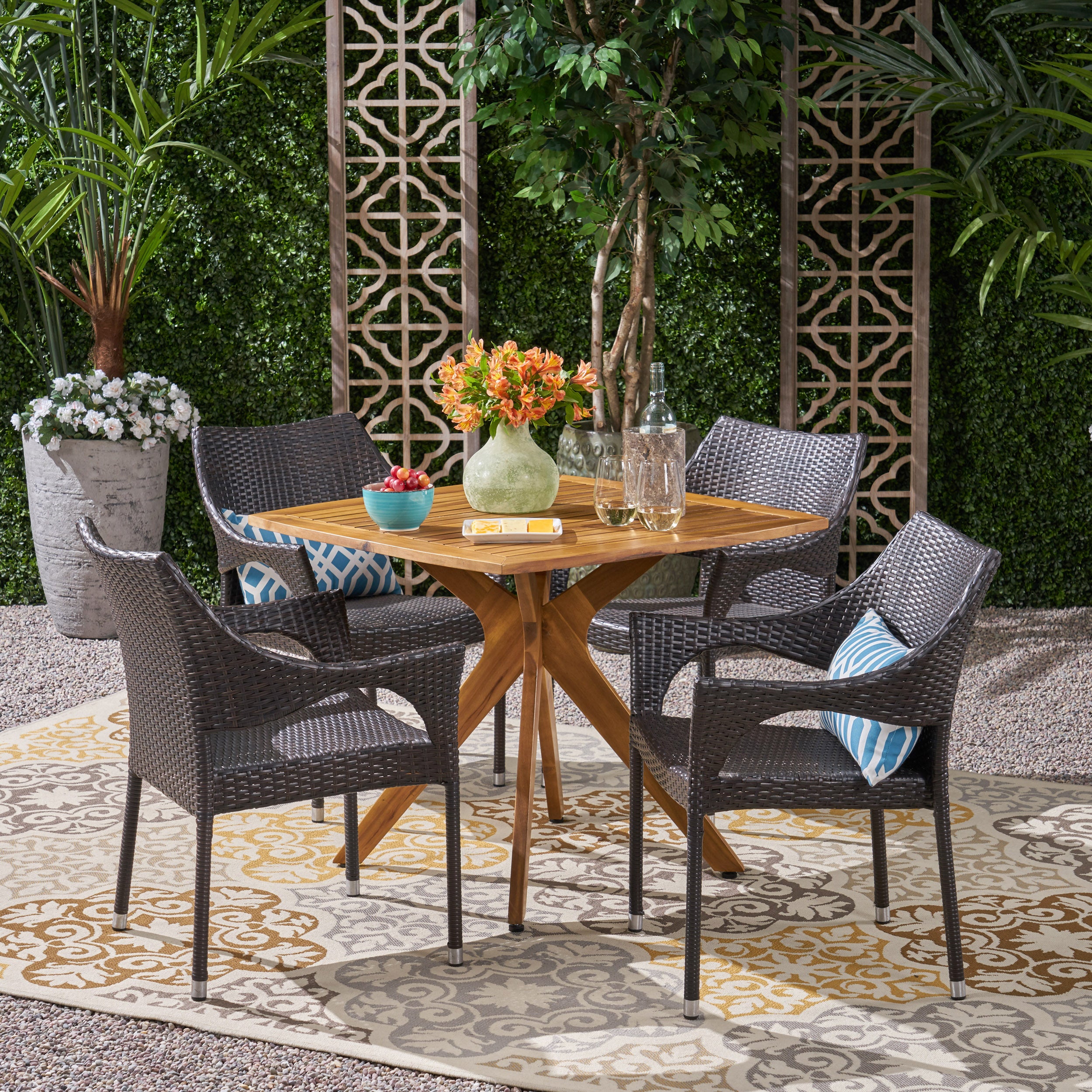 Declan Outdoor 5 Piece Wood and Wicker Dining Set