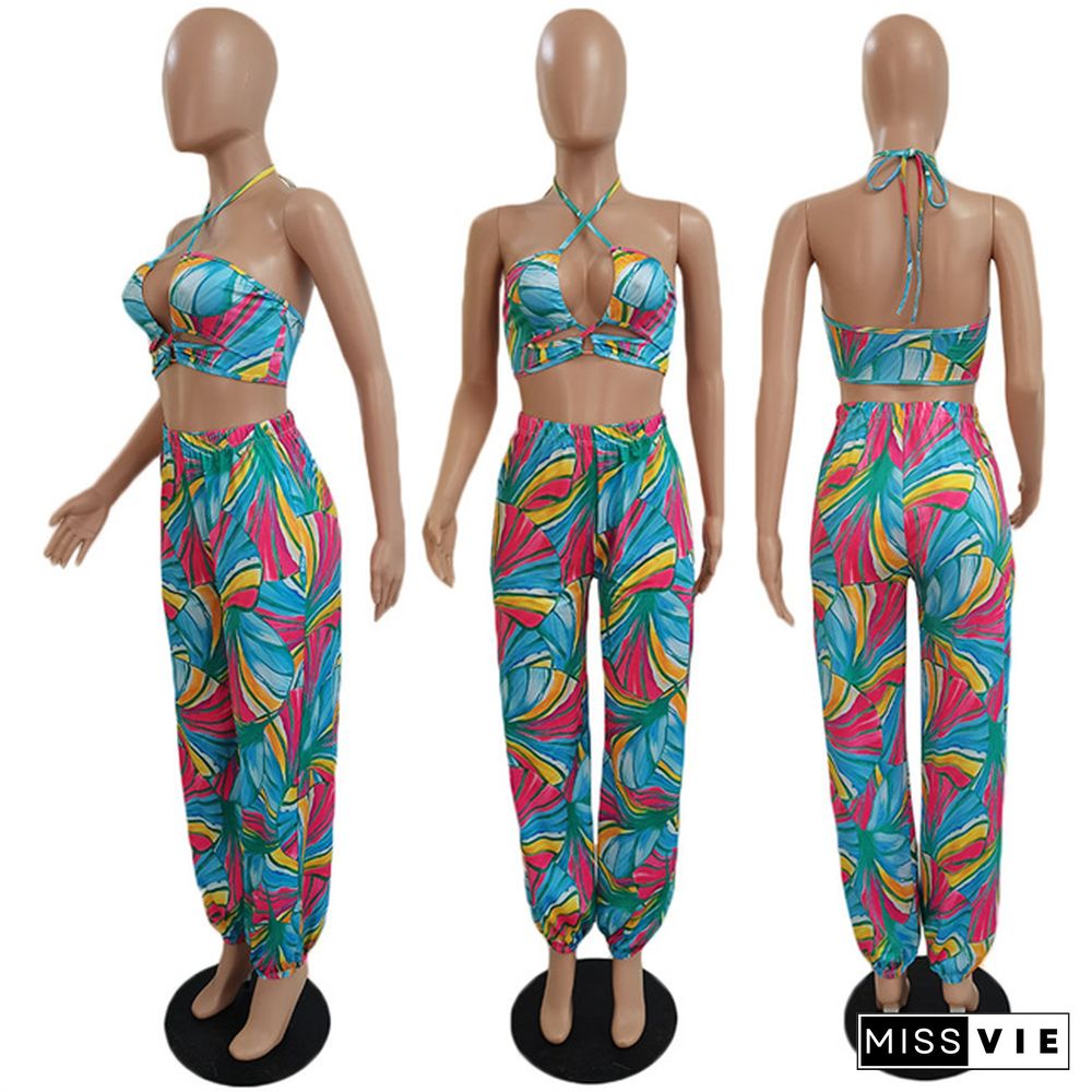 Summer Womens Clothing Halter Neck Printed Crop Top Loose Long Pants Party Club Two-Piece Suits