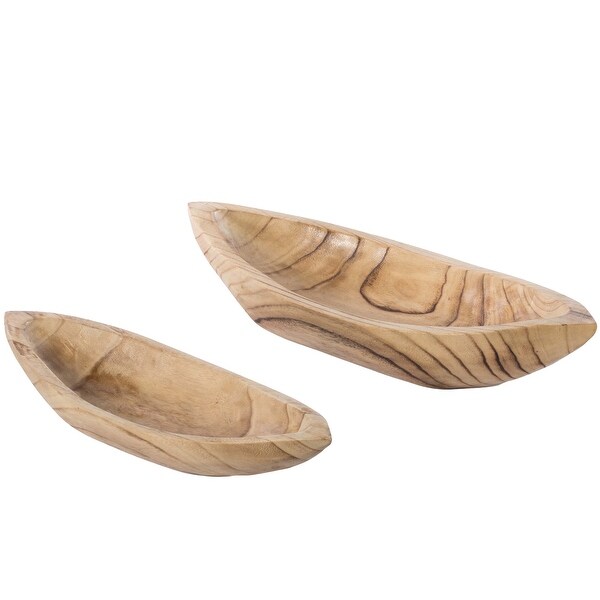 Wood Carved Boat Shaped Bowl Basket Rustic Display Tray - Set of 2