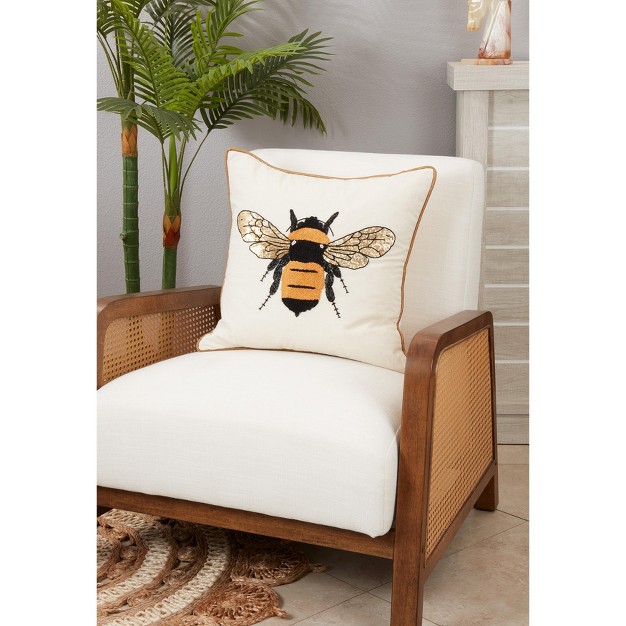 Saro Lifestyle Embroidered Bumble Bee Bliss Poly Filled Throw Pillow 18 quot Beige