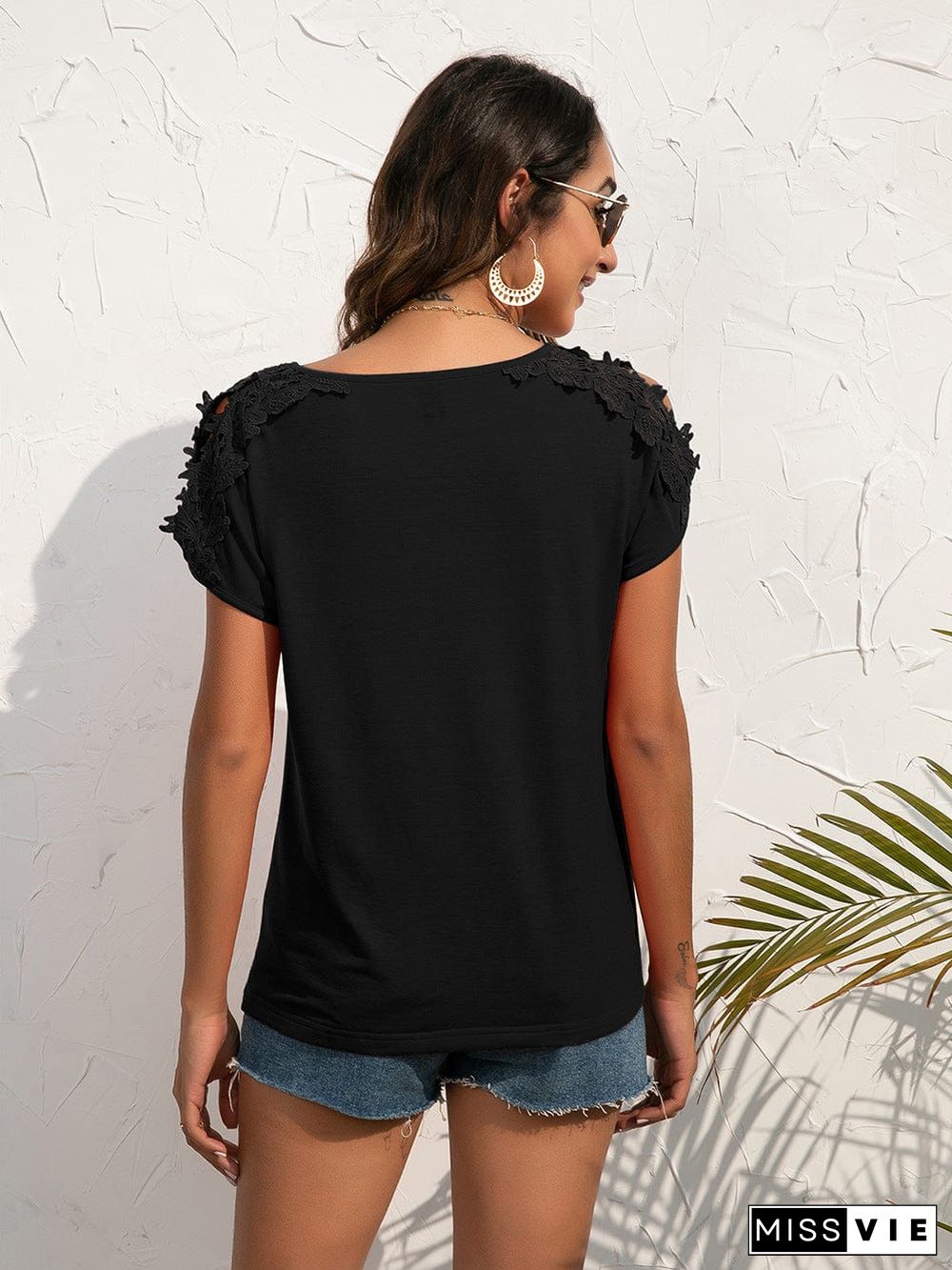 Shoulder Cutout Lace Sleeve Shirt