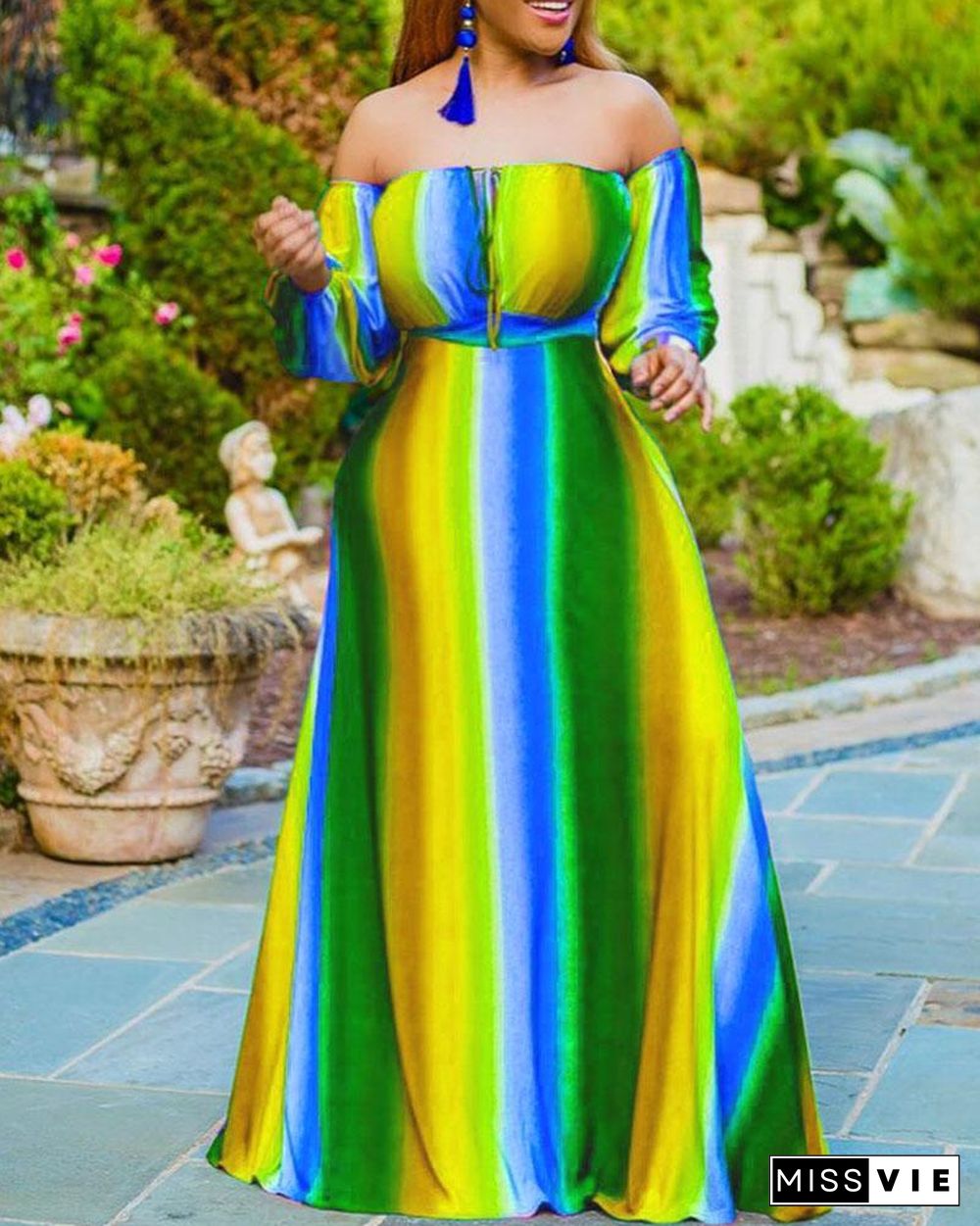 Colorful Striped Off the Shoulder Tie Front Maxi Dress