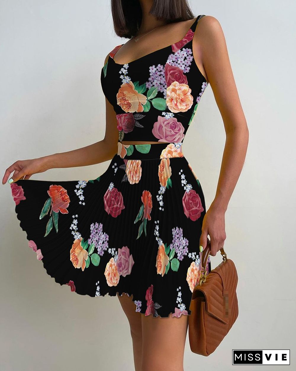 Floral Print Tank Top & Pleated Skirt Set