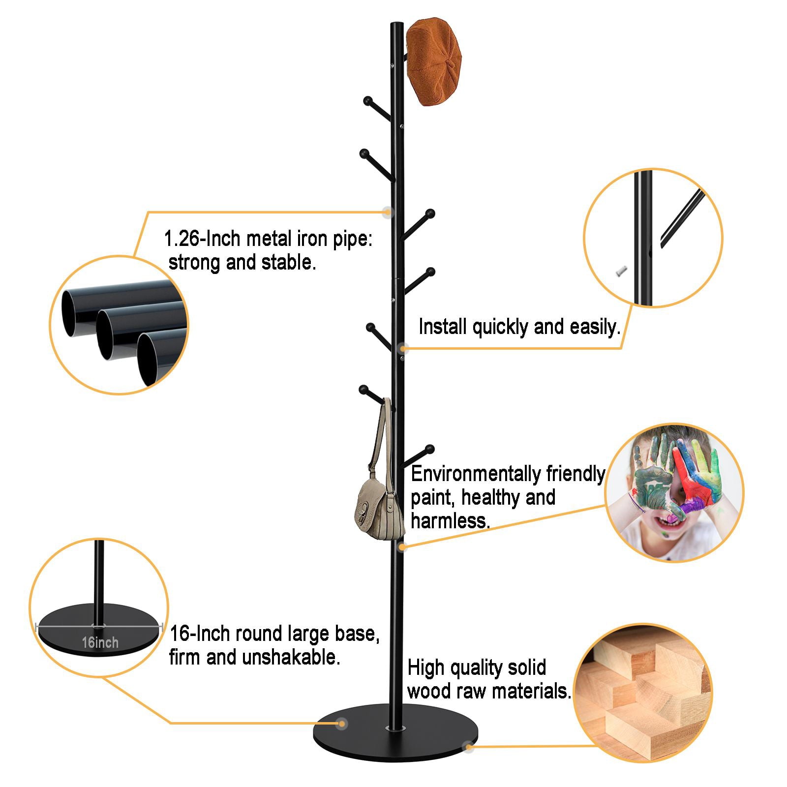 CINYOYO 8 Hooks Metal Coat Rack Stand Entryway Hall Tree with Solid Round Wooden Base， Freestanding Hat Hanger Organizer Simple Umbrella Tree Stand for Jacket， Purse， Scarf， Black