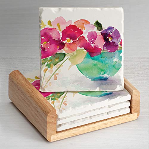 CounterArt Bowl Of Blooms Single Image Absorbent Stone Coaster Set of 4 in Wooden Holder