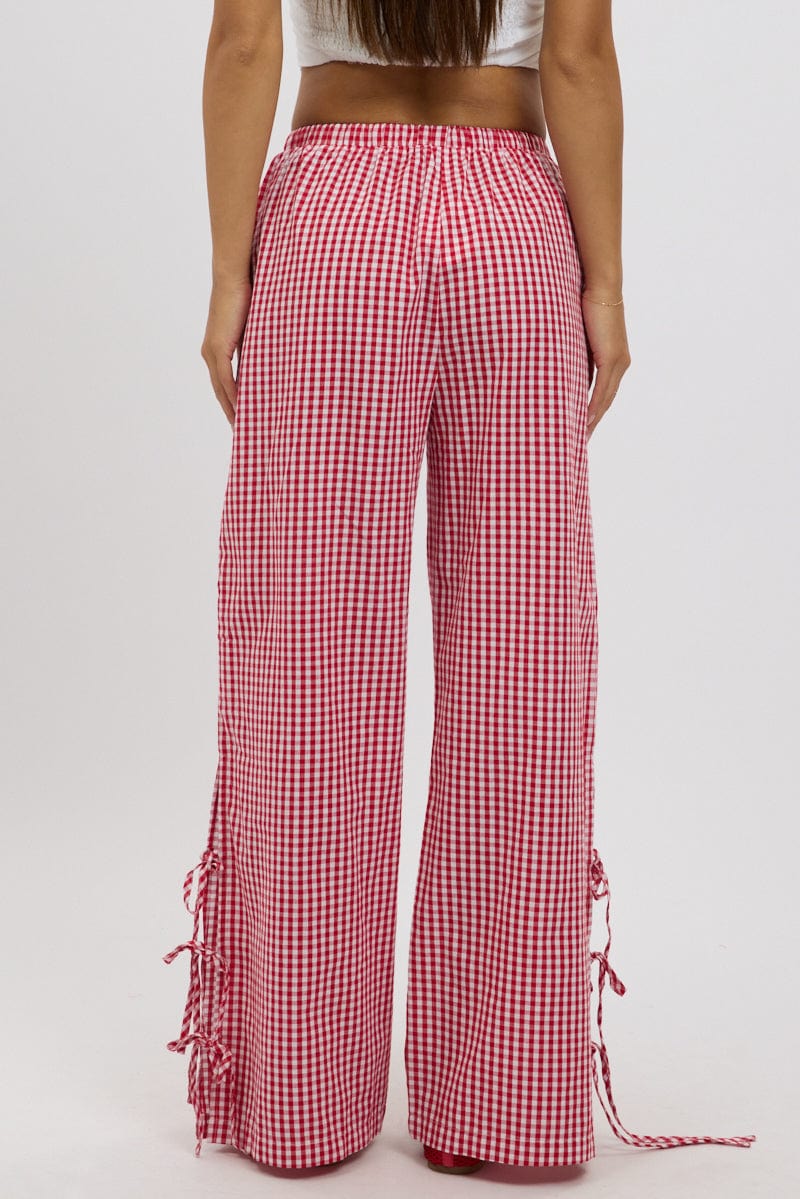 Red Check Wide Leg Pants Side Ribbon