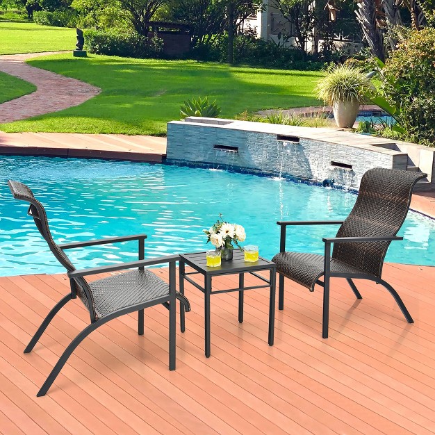 Costway 3 Pcs Patio Rattan Bistro Set High Backrest Armrest Sidetable Mix Gray mix Brown