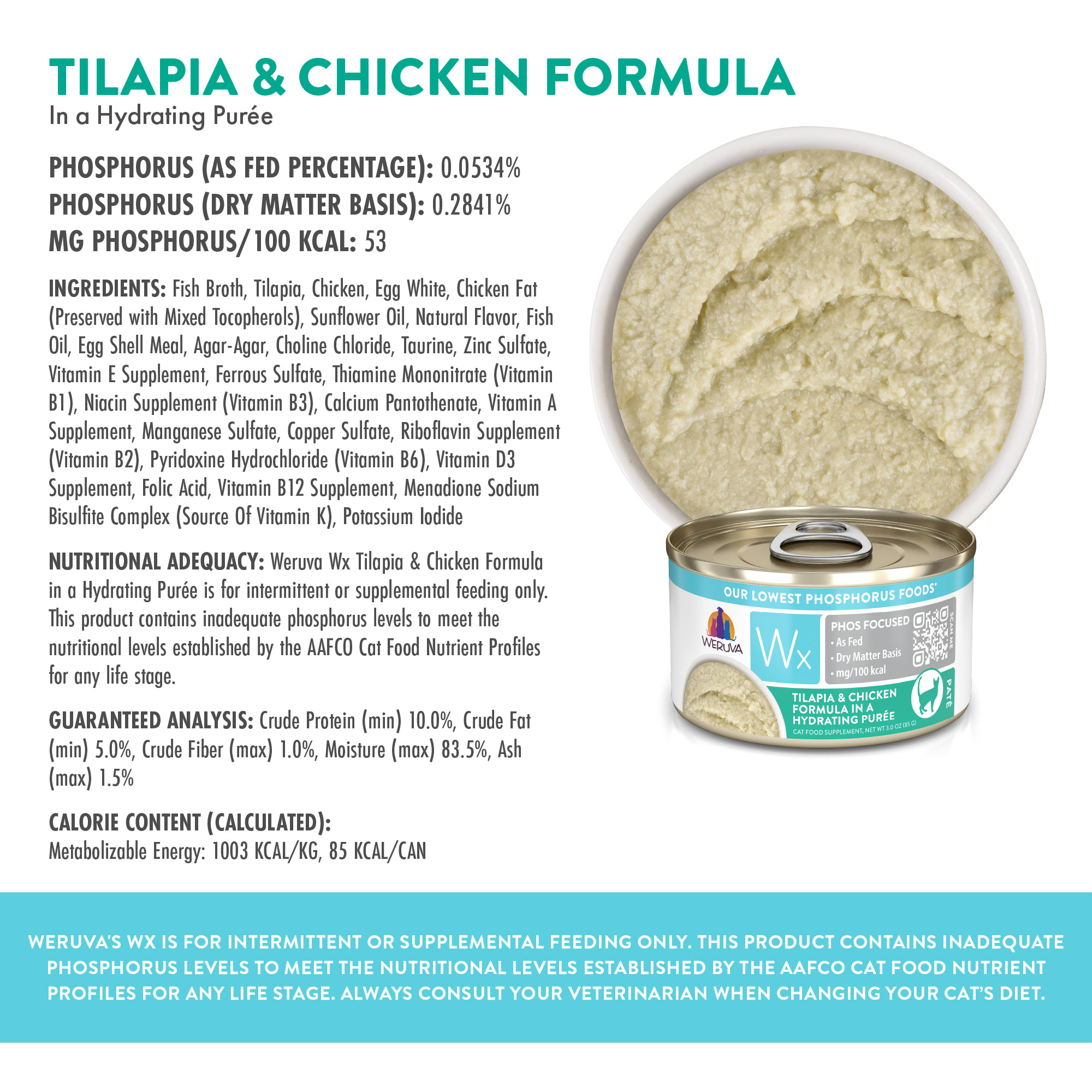 Wx Phos Focused Foods Tilapia  Chicken Formula in a Hydrating Puree Wet Cat Food， 3 oz.， Case of 12