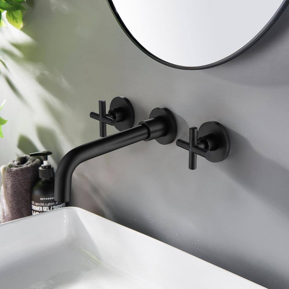 Magic Home Spot Resistant 2-Handle Wall Mount Bathroom Sink Faucet with Drain in Matte Black MS-B1905-MB-Dra