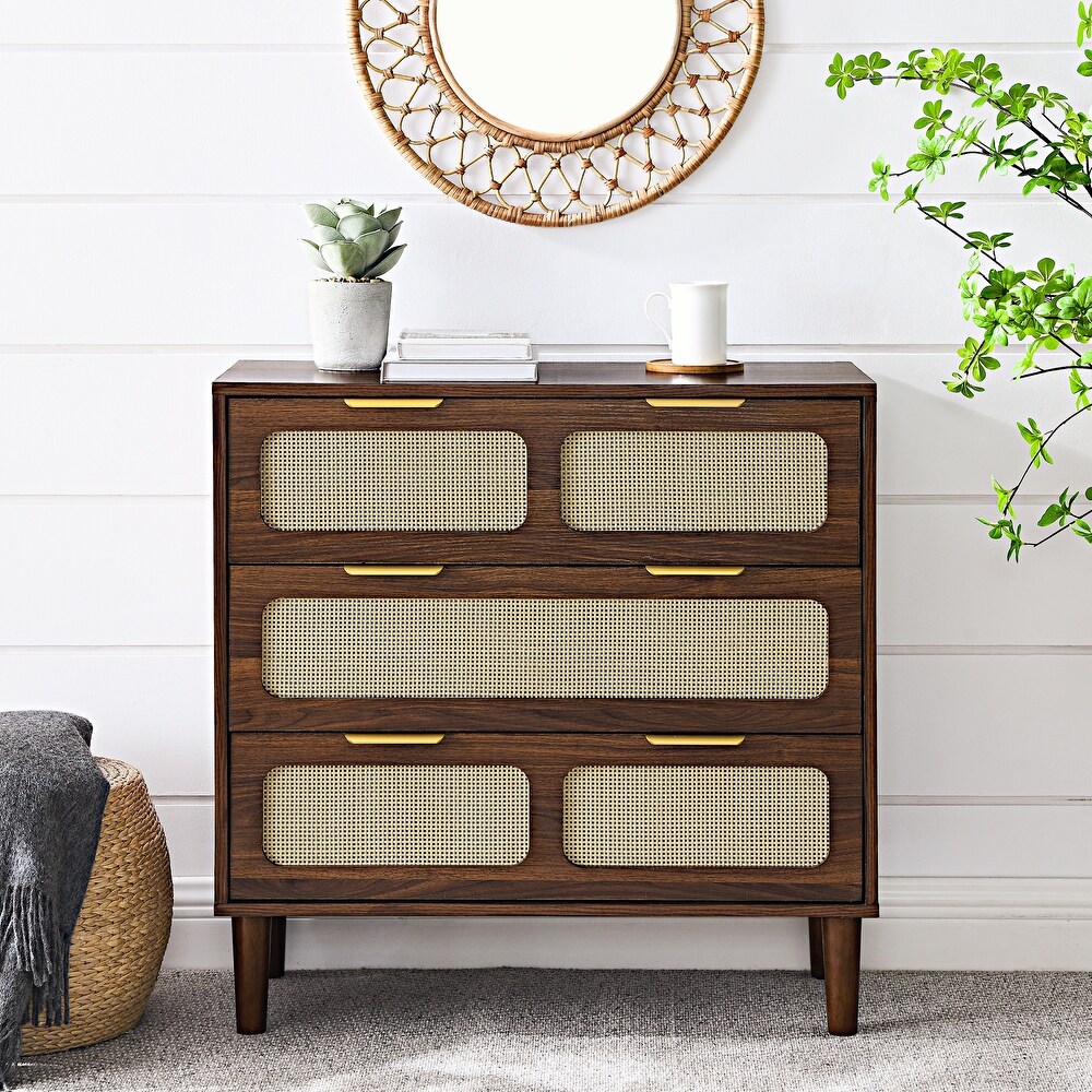 3 drawer dresser  modern rattan dresser cabinet with wide drawers and metal handles  farmhouse wood storage drawer chest