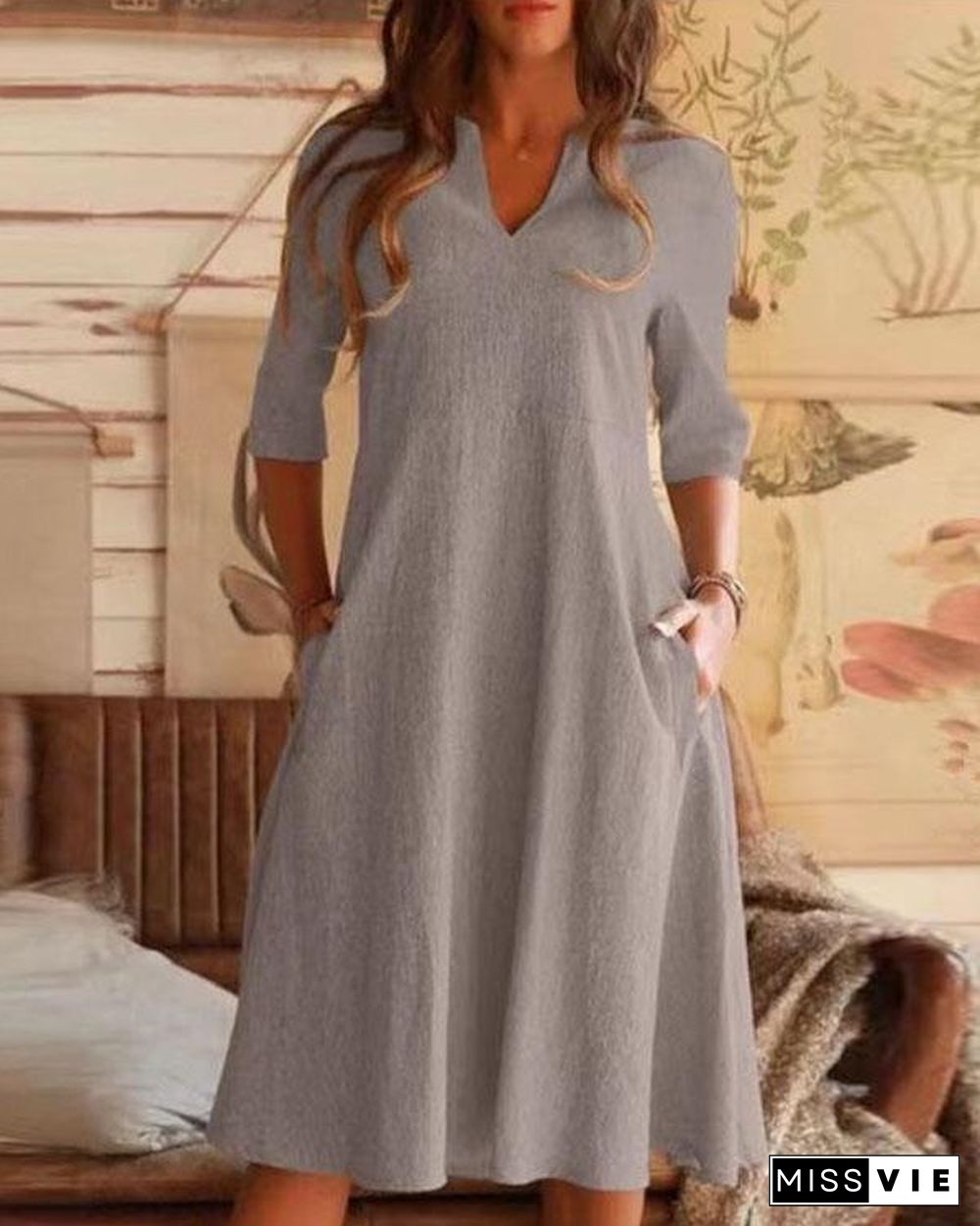 Solid Half Sleeve V Neck Pocket Linen Midi Dresses