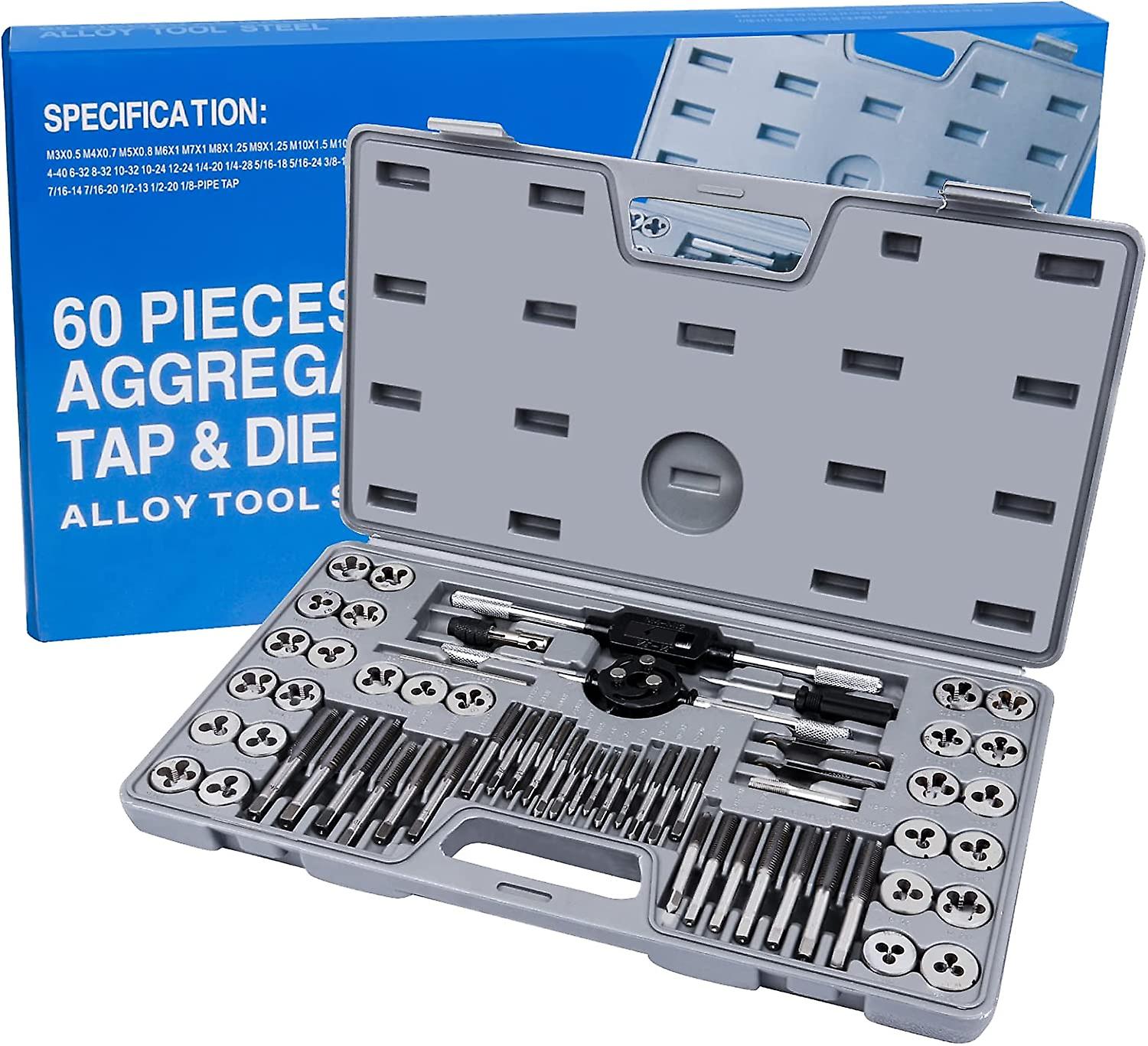 Tap And Die Set Set Of 60 Metric And Sae Standard Taps And Dies - Rethreading Tool Kit For Cutting External And Internal Threads - With Accessory Stor