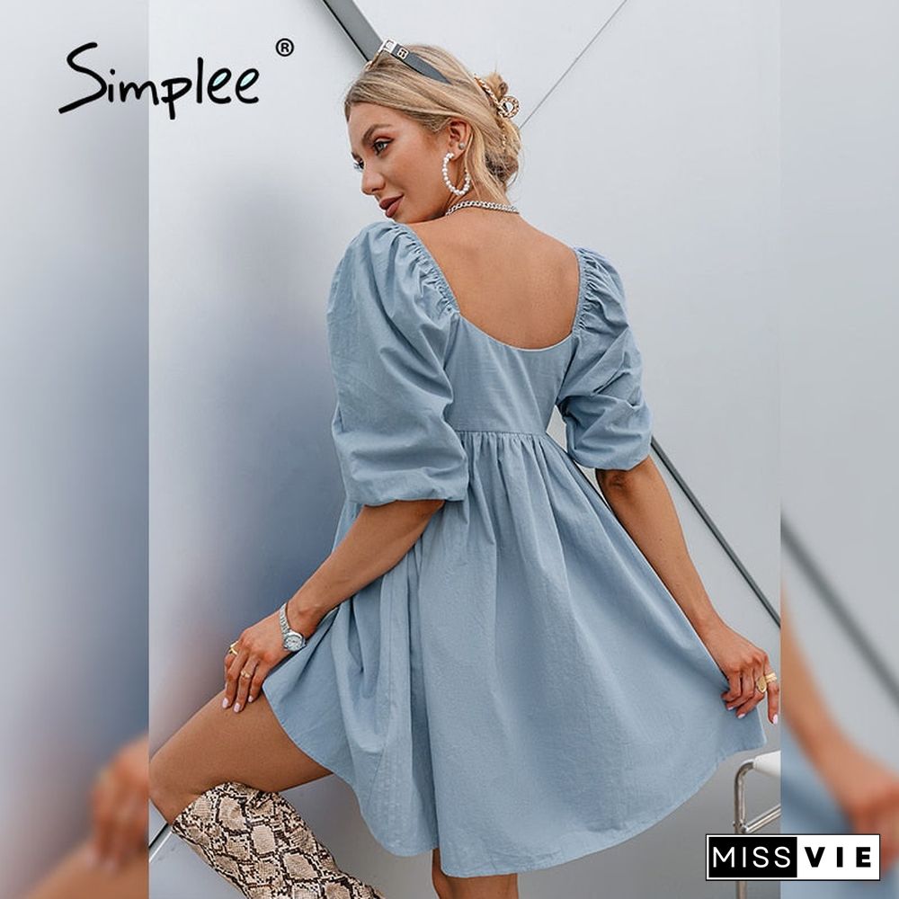 Cotton V-neck Loose Lantern Sleeve Mini Dress Fashion Blue Summer Women A-line dress Solid retro high waist Vestido